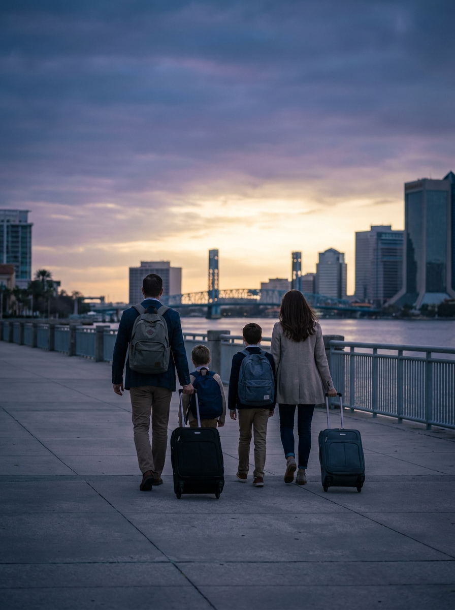 Família chegando aos Estados Unidos ao amanhecer